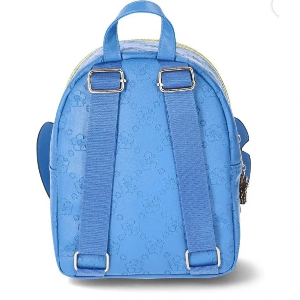 Disney Stitch Blue Hibiscus Floral Embossed Mini Backpack 3D Ears Faux Leather